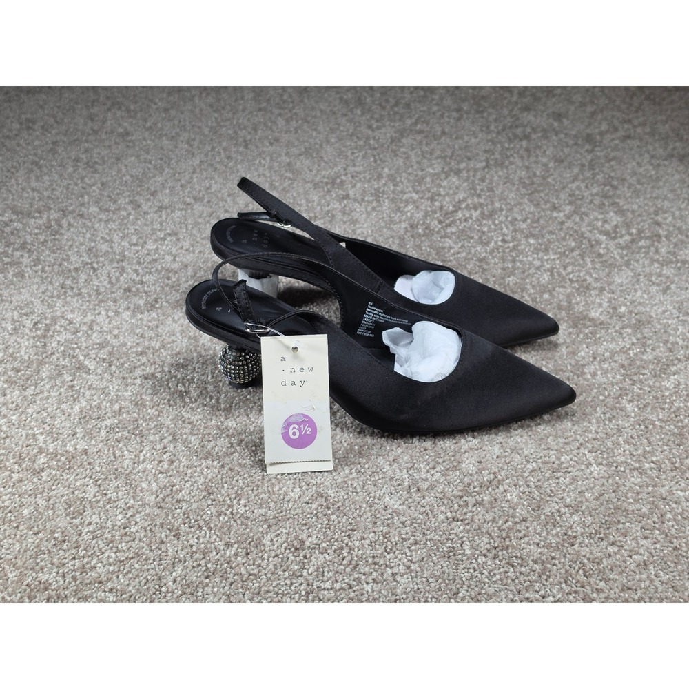 A New Day Simone Black Satin Rhinestone Orb Kitten Heel Slingback Pumps 6.5
